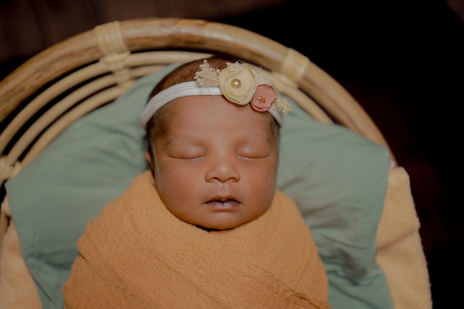 Ilustrasi: Cute newborn baby sleeping in a cozy blanket with floral headband in a basket.
