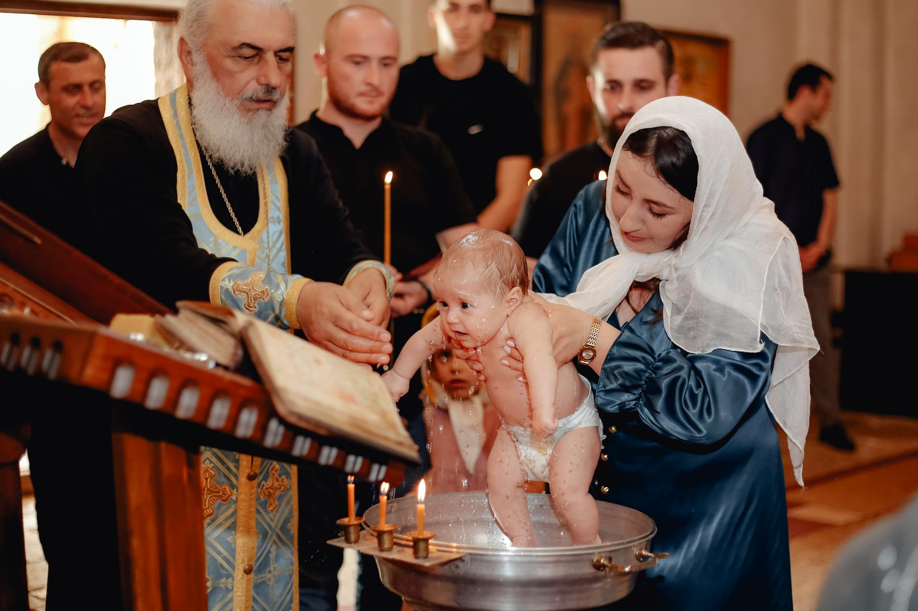 Ilustrasi: A serene moment depicting a traditional Christian baby baptism ceremony in a church.