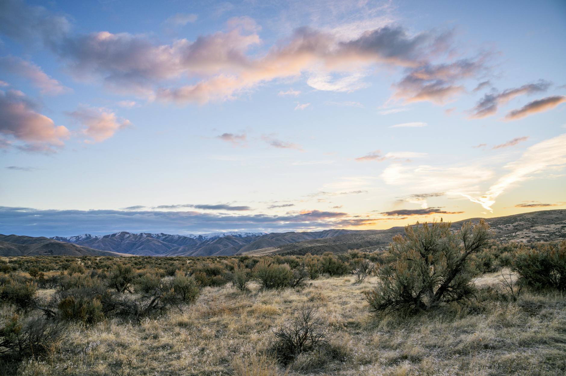 Ilustrasi: Peaceful landscape view of mountains and meadow at twilight with colorful sky.